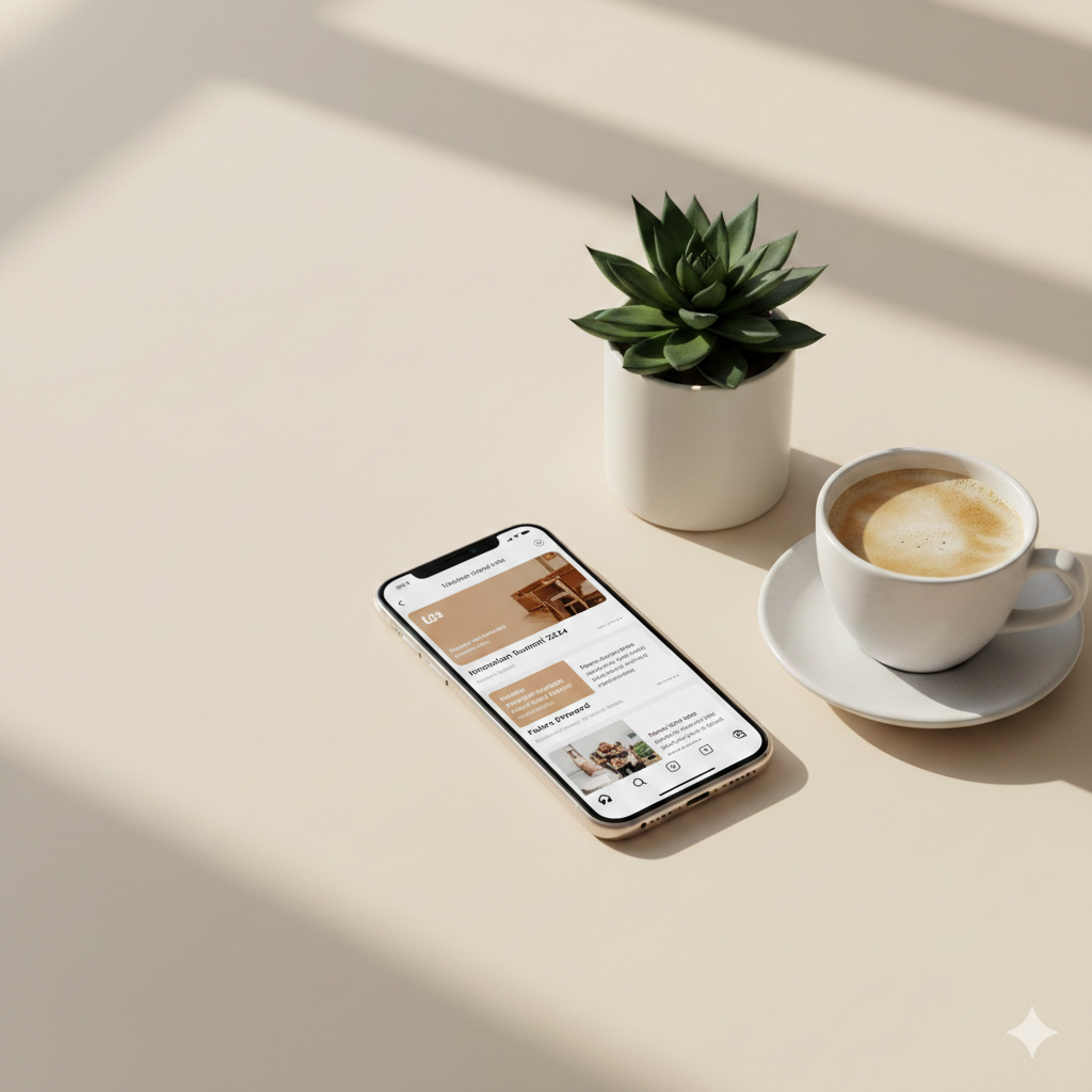Phone and coffee — social media content creation